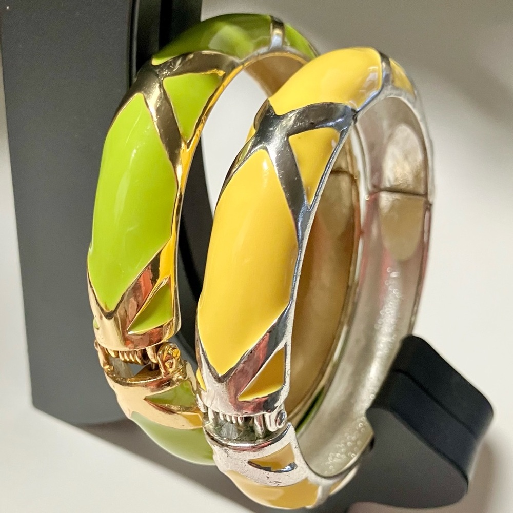 Vintage two Silver/yellow, Green/gold bangle Bracelet’s, and earrings